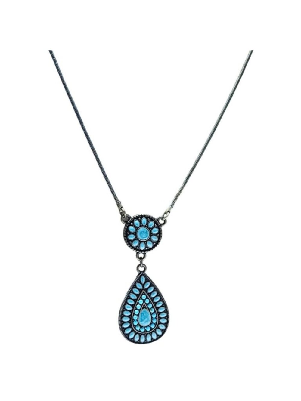 Southwest Turquoise Double Pendant Necklace Gold Tone Statement Fashion Jewelry